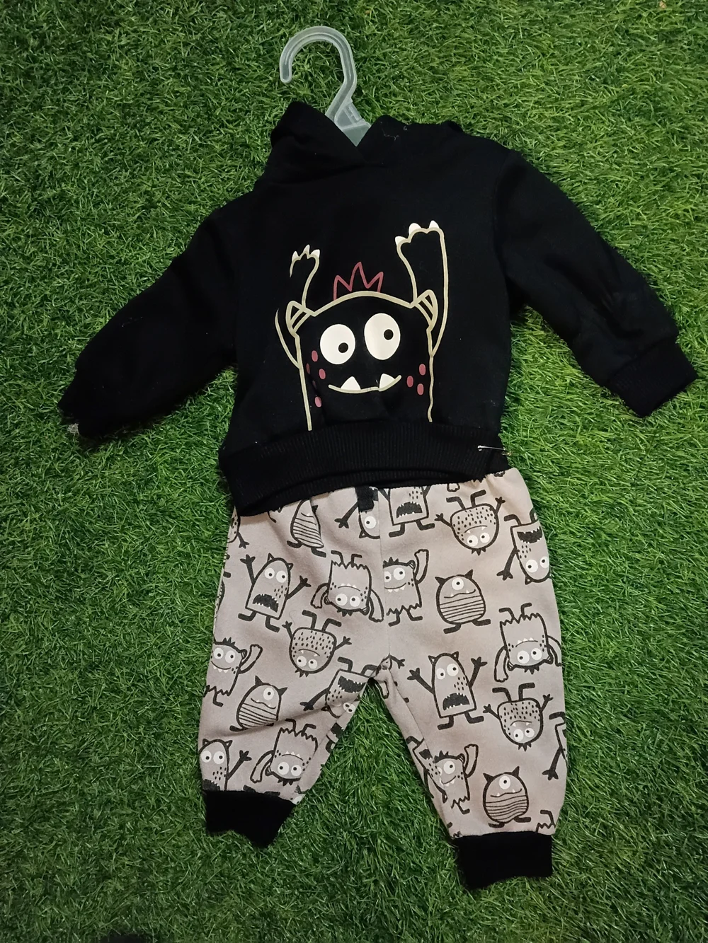 Kids Black Monster Hoodie and Gray Monster Print Joggers Set